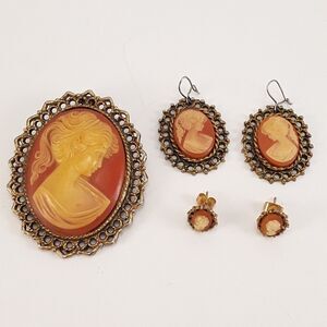 5 pc Costume Jewelry Cameo Set, Brooch/Pendant, Earrings, Orange Coral Vintage